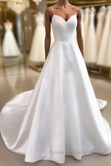 Simple white v neck satin long wedding Dresses white bridal Dresses