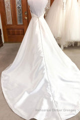 Simple white v neck satin long wedding Dresses white bridal Dresses