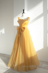 Simple Yellow Tulle Long Semi Formal Prom Dress, Yellow Tulle Formal Dress