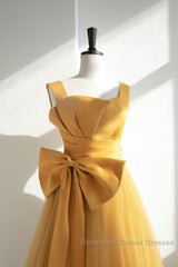 Simple Yellow Tulle Long Semi Formal Prom Dress, Yellow Tulle Formal Dress