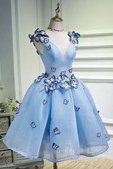 Sky Blue Homecoming Dresses Butterfly Applique Short Semi Formal Prom Dress