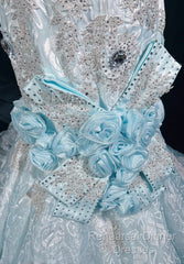 Sky Blue Mermaid Spaghetti Straps Organza Diamond Long Semi Formal Prom Dress Lace Floral Evening Gown