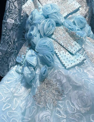 Sky Blue Mermaid Spaghetti Straps Organza Diamond Long Semi Formal Prom Dress Lace Floral Evening Gown