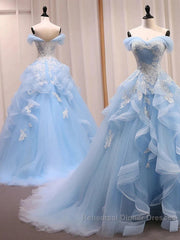 Sky Blue Tulle Ruffles Appliques A Line Semi Formal Prom Dress