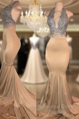Sleeveless Mermaid Lace Halter Semi Formal Prom Dresses