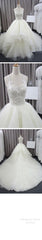 Sleeveless Scoop Yarn Neck  Lace Ivory Tulle Asymmetrical Ball Gown Cathedral Train Wedding Dresses,
