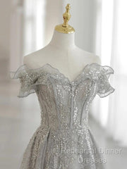 Sliver-Grey Tulle With Sequins Long Party Dress,A-Line Floor Length Semi Formal Prom Dresses