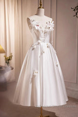Spaghetti Strap Satin White Floral Short Semi Formal Prom Dress