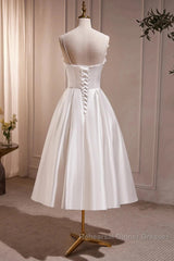 Spaghetti Strap Satin White Floral Short Semi Formal Prom Dress