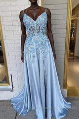 Spaghetti Straps 3D Flowers Semi Formal Prom Dress A Line Formal Gown