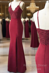 Spaghetti Straps Floor Length Burgundy Lace Semi Formal Prom Dresses, Burgundy Lace Formal Evening Bridesmaid Dresses