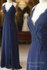Spaghetti Straps Floor Length Navy Blue Lace Semi Formal Prom Dresses, Navy Blue Lace Formal Evening Bridesmaid Dresses