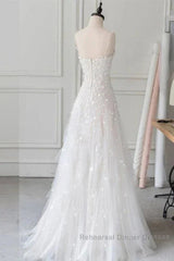 Spaghetti Straps Lace Tulle Floor Length Beads Semi Formal Prom Dress Wedding Dress With Flowers