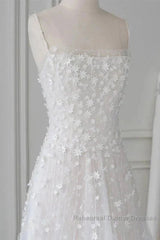 Spaghetti Straps Lace Tulle Floor Length Beads Semi Formal Prom Dress Wedding Dress With Flowers
