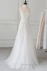 Spaghetti Straps Lace Tulle Floor Length Beads Semi Formal Prom Dress Wedding Dress With Flowers