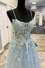 Spaghetti Straps Light Blue Lace Semi Formal Prom Dresses, Light Blue Lace Formal Evening Dresses