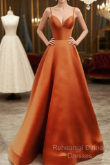 Spaghetti Straps Semi Formal Prom Dresses Long Satin V Neck