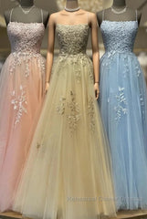 Spaghetti Straps Tulle Appliques Gold Semi Formal Prom Formal Dress