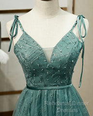 Spaghetti Straps Tulle Modest A Line Evening Dress Long Semi Formal Prom Dress