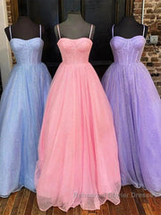 Spaghetti Straps Tulle Purple Bling Bling A Line Semi Formal Prom Dress