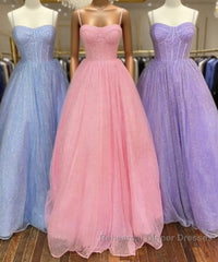 Spaghetti Straps Tulle Purple Bling Bling A Line Semi Formal Prom Dress