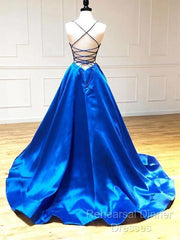 Spaghetti Straps V-Neck A-Line Royal Blue Semi Formal Prom Dress,