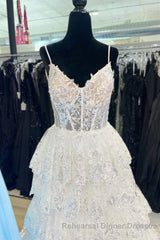 Spaghetti Straps White Layered A-Line Semi Formal Prom Dress with Sequin