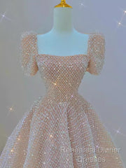 Sparkle A Line Square Neckline Sequin Pink Long Semi Formal Prom Dress