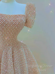 Sparkle A Line Square Neckline Sequin Pink Long Semi Formal Prom Dress