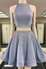 Sparkle Blue Two Pieces Beads Sequin Short Semi Formal Prom Homecoming Dress