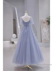 Sparkling Blue Short Sleeves Tulle Long Sweetheart Party Dress A-Line Blue Semi Formal Prom Dress