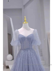 Sparkling Blue Short Sleeves Tulle Long Sweetheart Party Dress A-Line Blue Semi Formal Prom Dress