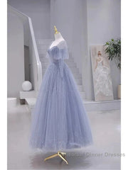 Sparkling Blue Short Sleeves Tulle Long Sweetheart Party Dress A-Line Blue Semi Formal Prom Dress