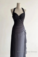 Sparkling Gradient Dark Gray Halter Neck Ruffle Sheath Semi Formal Prom Dress Birthday Dress