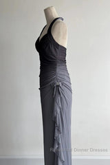 Sparkling Gradient Dark Gray Halter Neck Ruffle Sheath Semi Formal Prom Dress Birthday Dress