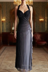 Sparkling Gradient Dark Gray Halter Neck Ruffle Sheath Semi Formal Prom Dress Birthday Dress