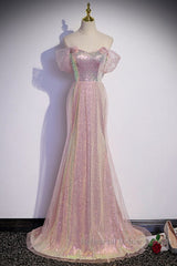 Sparkling Powder Blusher Pink Sequins Off Shoulder Short Sleeve Evening Dress Powder Blusher Pink Trumpet/Mermaid Open Back Zipper Sweep Tail Semi Formal Prom Dress
