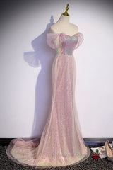 Sparkling Powder Blusher Pink Sequins Off Shoulder Short Sleeve Evening Dress Powder Blusher Pink Trumpet/Mermaid Open Back Zipper Sweep Tail Semi Formal Prom Dress