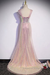 Sparkling Powder Blusher Pink Sequins Off Shoulder Short Sleeve Evening Dress Powder Blusher Pink Trumpet/Mermaid Open Back Zipper Sweep Tail Semi Formal Prom Dress