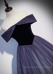 Sparkling Purple Gradient Tulle Off Shoulder A-Line Purple Evening Dress Semi Formal Prom Dress Elegant