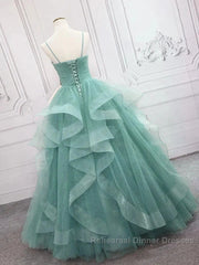 Sparkling Quinceanera Dress V Neck Tulle Long Semi Formal Prom Dress Green Sweet Dress Floor Length
