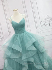 Sparkling Quinceanera Dress V Neck Tulle Long Semi Formal Prom Dress Green Sweet Dress Floor Length