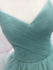 Sparkling Quinceanera Dress V Neck Tulle Long Semi Formal Prom Dress Green Sweet Dress Floor Length