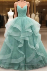 Sparkling Quinceanera Dress V Neck Tulle Long Semi Formal Prom Dress Green Sweet Dress Floor Length