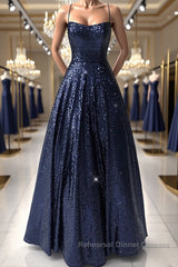 Sparkly Backless Navy Blue Long Semi Formal Prom Dresses, Open Back Long Navy Blue Formal Evening Dresses