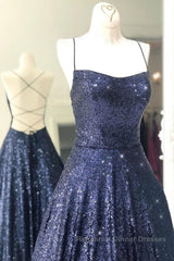 Sparkly Backless Navy Blue Long Semi Formal Prom Dresses, Open Back Long Navy Blue Formal Evening Dresses