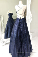Sparkly Backless Navy Blue Long Semi Formal Prom Dresses, Open Back Long Navy Blue Formal Evening Dresses