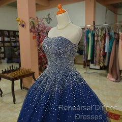 Sparkly Beaded Strapless Navy Blue Ball Gown Semi Formal Prom Dresses