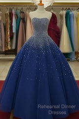 Sparkly Beaded Strapless Navy Blue Ball Gown Semi Formal Prom Dresses