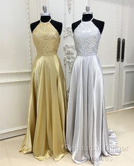 Sparkly Crystal Beaded Halter Long Satin Open Back Semi Formal Prom Dresses